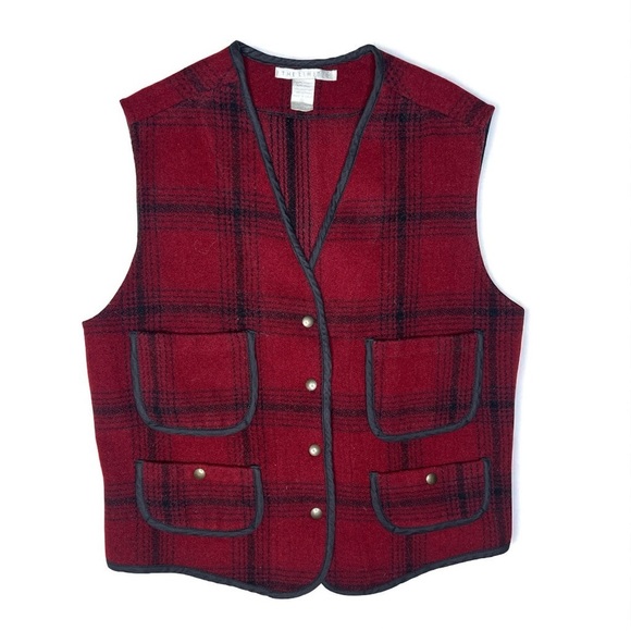 Vintage The Limited Red Plaid Wool Blend Vest Women’s Size M Snap Button Pockets - Picture 2 of 8